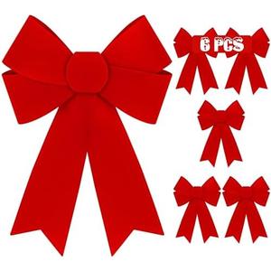 6 PCS Christmas Decorations, 9 x 12 Inches Large Christmas Bows, Red Velvet PVC Hanging XmasTree Decorations Indoor Outdoor Xmas Decor for Home Party Wreath Fence Fireplace Stairs Railing Door