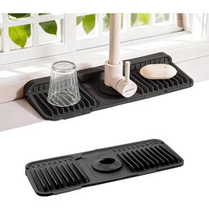 14.57" Silicone Sink Splash Guard - Essential Kitchen Sink Accessory with Drip Tray, Sponge Holder & Soap Dish, 6°Slope for Easy Drainage, Foldable & Fasten Button for Perfect Fit（Black）
