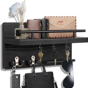 OurWarm Key Holder for Wall Decorative with 5 Key Hooks, Wall Mounted Key Hangers for Wall with Mail Key Rack, Wooden Mail Organizer with Shelf (Black)