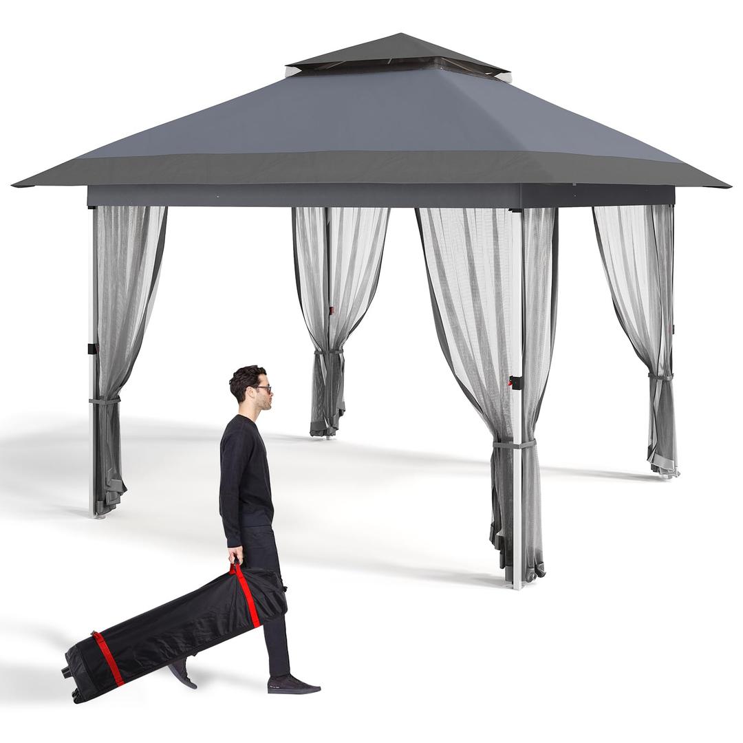 GarveeLife 11 ft x11 ft Gazebo Outdoor Pop up Canopy Tent with Curtains and 121 Square Shelter for Patio,Backyard Party, with Mosquito Netting, 2-Tiered Vented Top, Gray