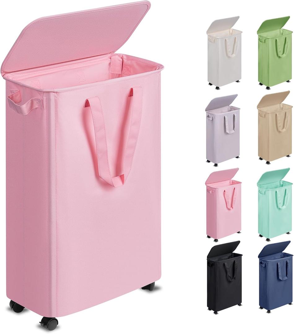 Slim Laundry Hamper with Lid and Wheels, Small Rolling Laundry Basket with Handle for Small Spaces, Tall Dirty Clothes Hampers for Dorm, Bathroom and Bedroom, 55L, Pink