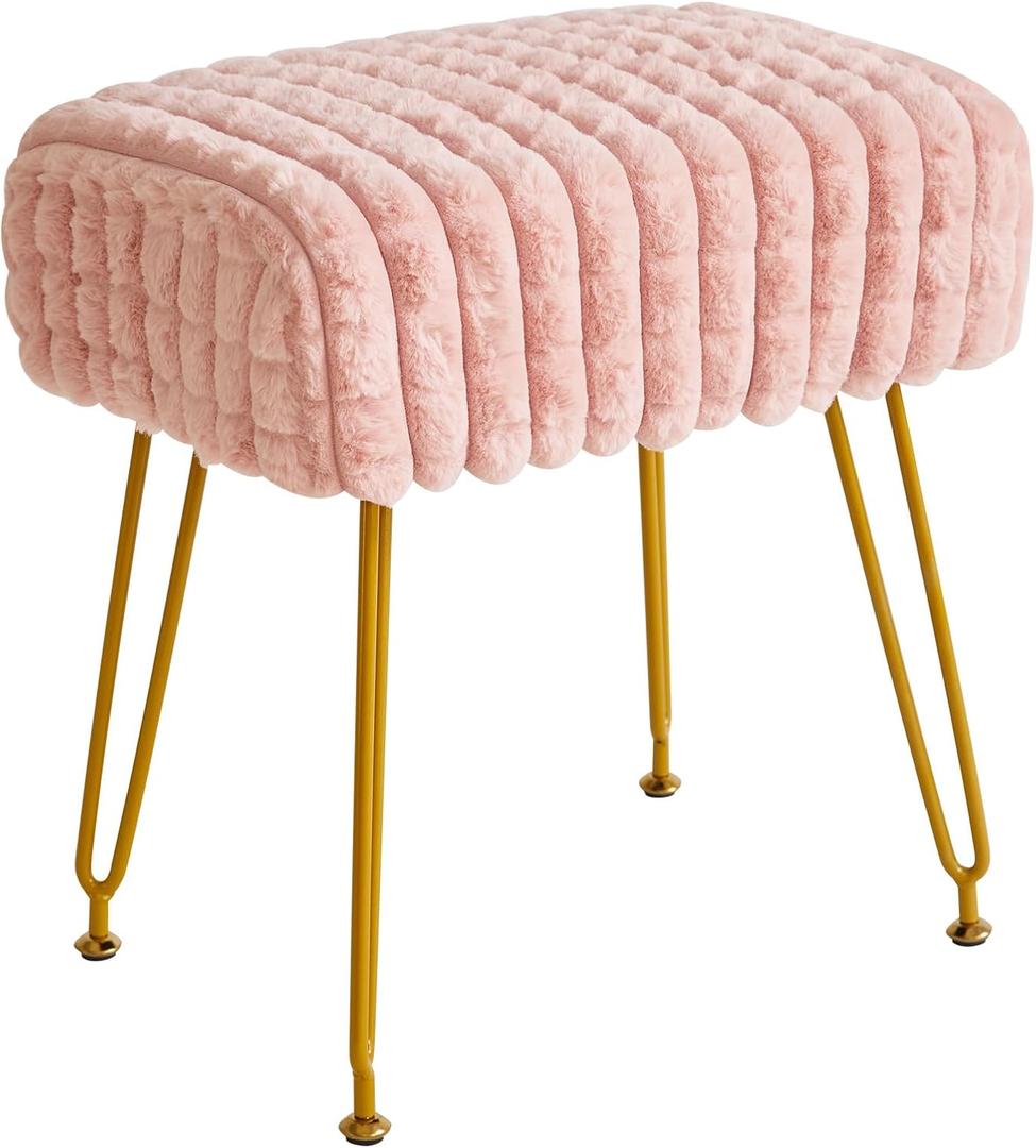 IBUYKE Rectangular Footrest Stool Ottoman, Makeup Vanity Stool Side Table, Velvet Dressing Table Seat, Footstool Chair, Golden Steel Legs, for Makeup Room, Bedroom, Square Grid Pattern, Pink WBD003P (without storage)