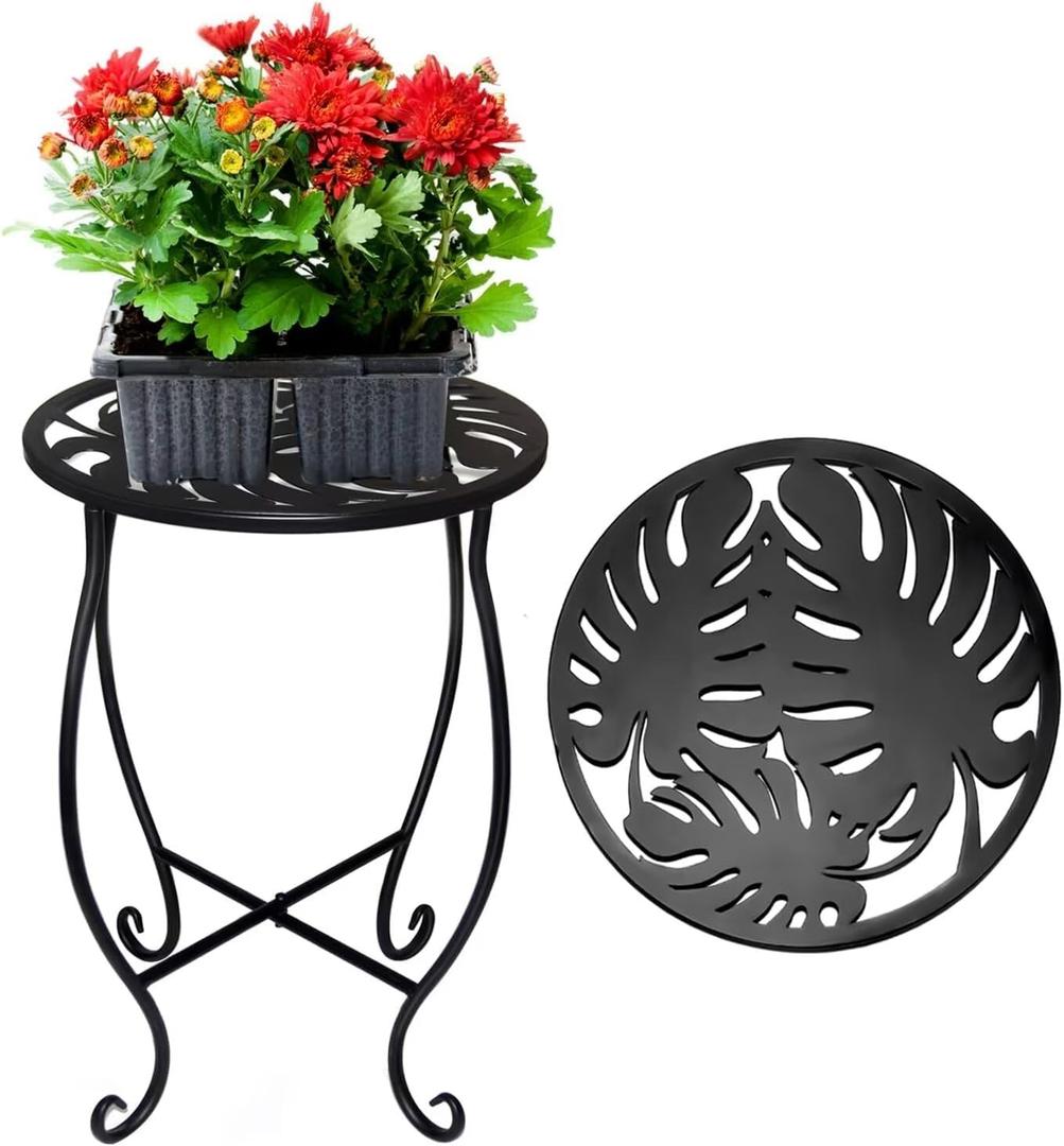KLUFO 15 Inch Tall Planter Rack, Round Indoor Metal Planter Rack, Decorative Black Planter Rack Plant Table, Rust Resistant Potting Rack Outdoor Plant Stand for Home Garden 1 Piece