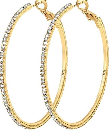 925 Sterling Silver Earrings Large Rhinestone Hoop Earrings Big Cubic Zirconia Hoop Earrings Thin Rhinestones Round Hoop Earrings for Women 40mm Sparkly Hoops With Crystals for Womens