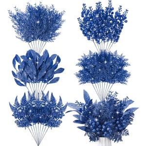Moucuny 75 Pcs Christmas Glitter Picks Artificial Christmas Tree Picks and Sprays for Tree 5 Styles Berries Stems Cedar Bay Leaves Fern Pine Branches for Vase Fillers Wreath Garland (Blue)