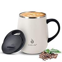 Ideus 16 oz Insulated Coffee Mug with Handle and Lid, Double Wall Stainless Steel Vacuum Thermal Coffee Mug, Travel Coffee Cup Thermal Cup for Home and Office, Beige