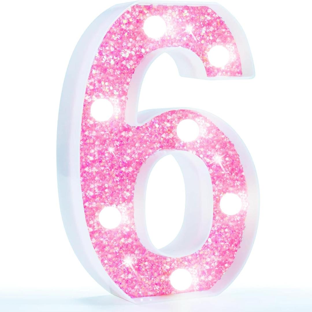 Pooqla Marquee Numbers, Pink Light Up Numbers for Girls 6th Birthday, Battery Powered Glitter Number Night Light Gift for Christmas Bedroom Dorm Room Party Decoration, Cool White Number 6