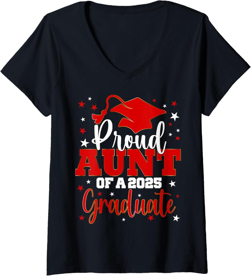 Womens Proud Aunt Of Class of 2025 Graduate Senior Graduation V-Neck T-Shirt (Small, Black)