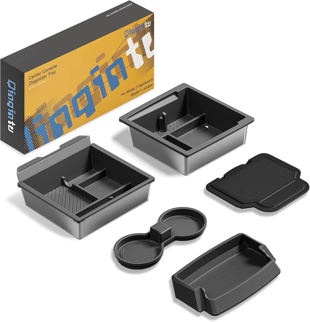 QINQINTU for Tesla Model Y Juniper(20252026) & Model 3 Highland(20242026) Center Console Organizer [Slide Smoothly & Carbon Fiber] Sunglasses Cup Holder for Tesla Model 3 Model Y Accessories Black