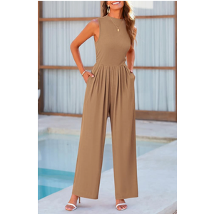 PRETTYGARDEN Womens Summer Jumpsuits Dressy Casual One Piece Outfits Sleeveless Mock Neck Wide Leg Pants Rompers with Pockets XL