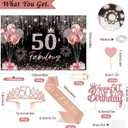 50th Birthday Decorations for Women, 50pcs Rose Gold Black 50th Birthday Decorations for Her with Banner Crown Sash Backdrop Cake Topper Balloons Hanging Swirl for 50 Years Old Birthday Party Supplies