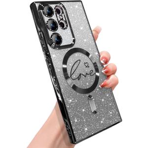 ZONRW for Samsung Galaxy S23 Ultra Case Magnetic,for Women Girl Soft Cute Luxury Love Heart Plating Bling Gradient Glitter Phone Case Compatible with MagSafe Clear Shockproof Back Cover 6.8-Black