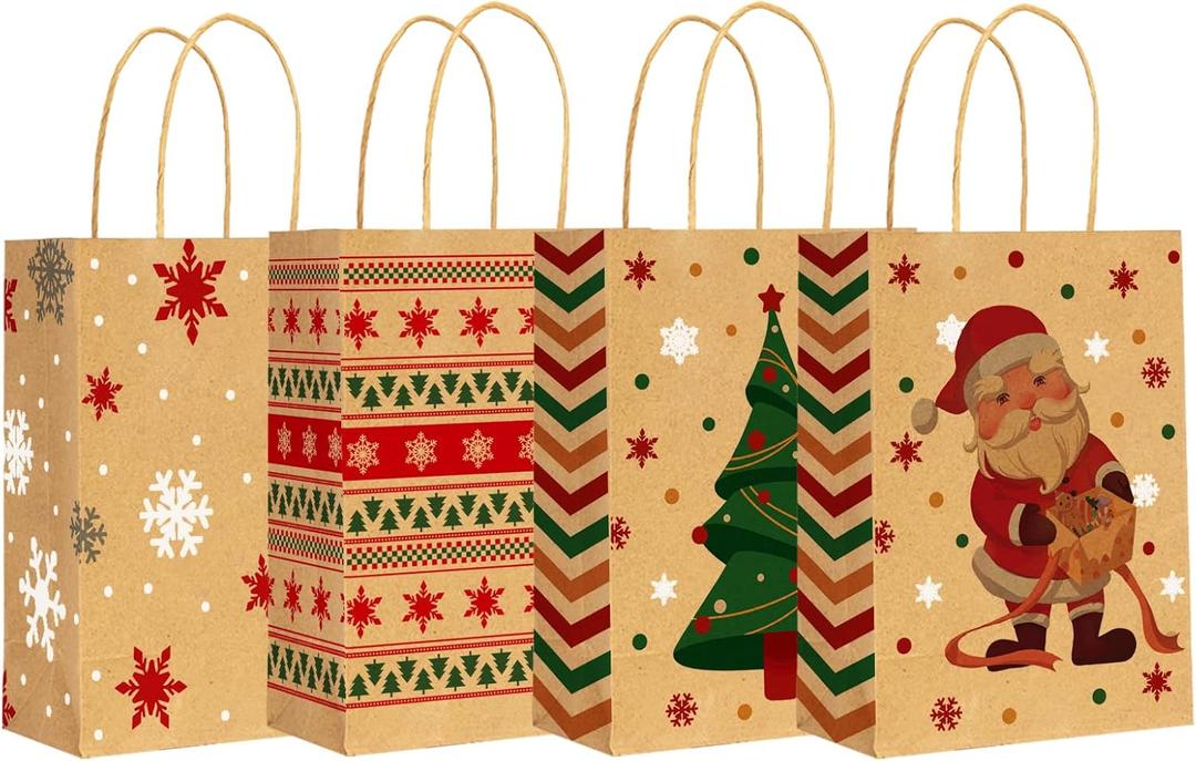 RACETOP 24 PCS Small Christmas Gift Bags With Handles, 4 Designs Xmas Kraft Paper Bags for Christmas Goody Bag, Party Favors (5.8 x 3.2 x 8.25) (1 Count (Pack of 24))