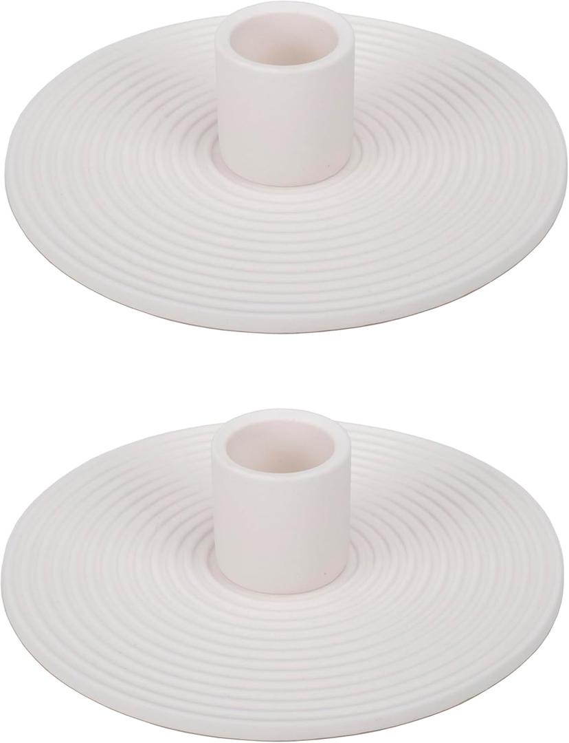 Elanze Designs Ribbed Ceramic Taper Candle Holders, Mantle Decorations, Dining Table Centerpiece, Artisan, Candlestick Holder for Tapered Candles, Pack of 2, White