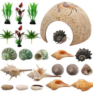 Hermit Crab Supplies - 22 pcs Shells, Natural Coconut Shell Reptile Hide, Artificial Plants, Tank Climbing Toys for Hideouts