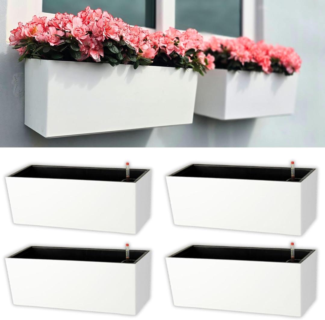 LaLaGreen Wall Hanging Planter Outdoor (4 Pack, 20 Inch) Wall Mounted Self Watering System Window Boxes with Bracket, White Rectangular Plant Pot Flower Box Container Indoor Modern Herb Kitchen Decor