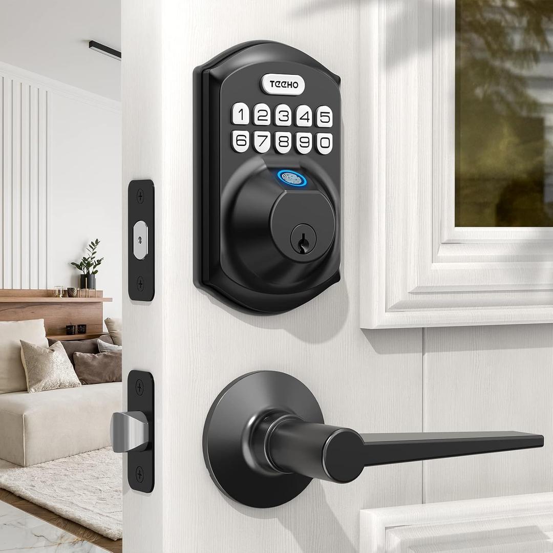 TEEHO TE002L Fingerprint Door Lock with 2 Lever Handles, Keyless Entry Deadbolt with Handle Set, Electronic Keypad Deadbolt for Front Door, Auto Lock and 1 Touch Locking, Matte Black (Matte Black)