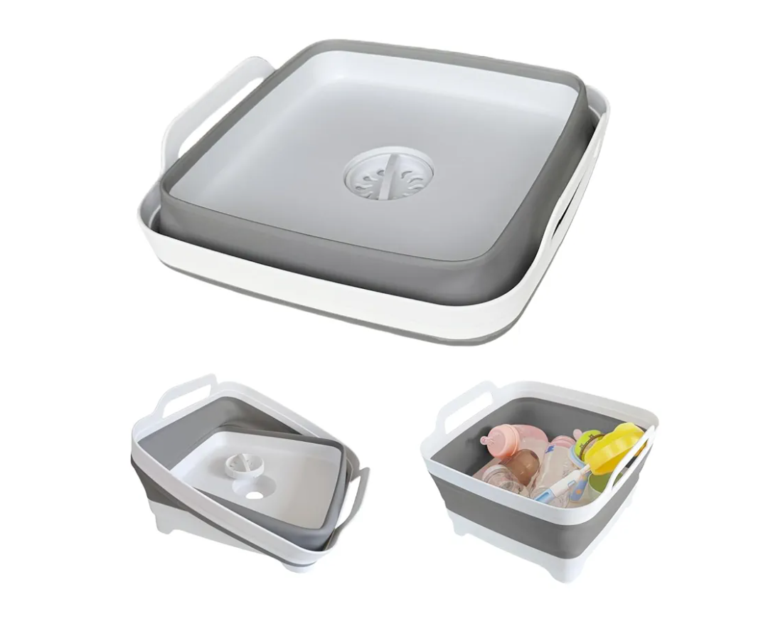 Collapsible Wash Basin for Baby Bottles - 2.4 Gallons Portable Wash Bin for RV Camping Sink, Space-Saving Dish Tub (Gray)