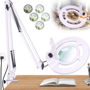 10X Magnifying Glass with Light and Stand, NUEYiO 2200 Lumens Stepless Dimming LED Magnifier Lamp, Adjustable Swing Long Arm Magnifying Light, Hands Free Craft Lamp for Projects Soldering Workbench (White)