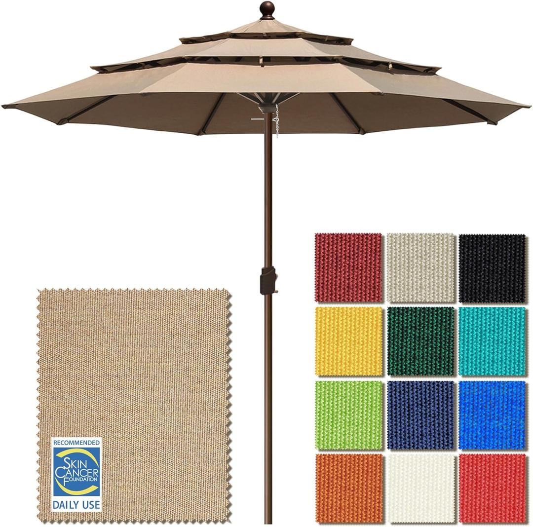EliteShade USA 10-Year-Non-Fading 11ft 3-Tier Market Patio Umbrella, Commercial Grade Outdoor Table Umbrella with Crank Open, Windproof & UPF 50+ UV Protection, Heavy Duty Ventilation for Garden, Deck, Pool, Backyard, Beach & Bistro, No Tilt, Heather Beige