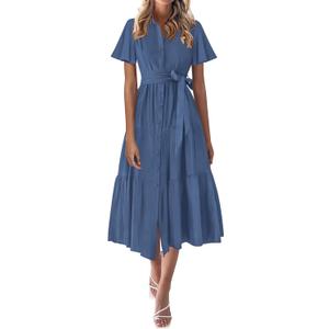 KIRUNDO Summer Button Down Wedding Guest Shirt Dresses for Women Maxi Flutter Short Sleeve Flowy Tiered Beach Sun Dress (S)