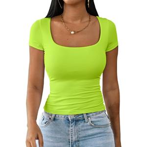Dwnval Womens Summer Sexy Square Neck Tops Double Lined Short Sleeve Shirts Slim Fit Crop Top (2# Neon Green)