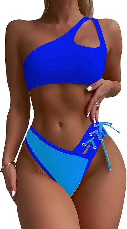 SherryDC Women's Cheeky Cutout One Shoulder Bikini Color Block V Cut High Leg Two Pieces Swimsuit
Size L