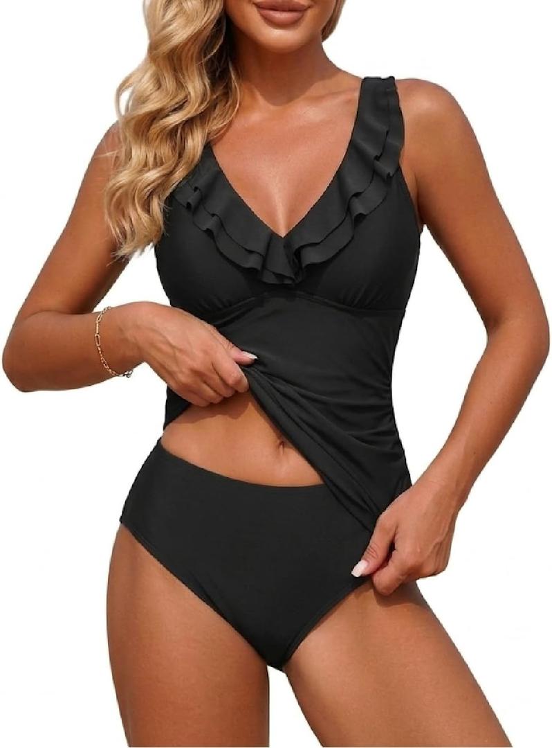 Yonique Womens Two Piece Swimsuits - Ruffle Flounce Tankini Tummy Control Bathing Suits V Neck Swimwear Black 01, 18 Plus