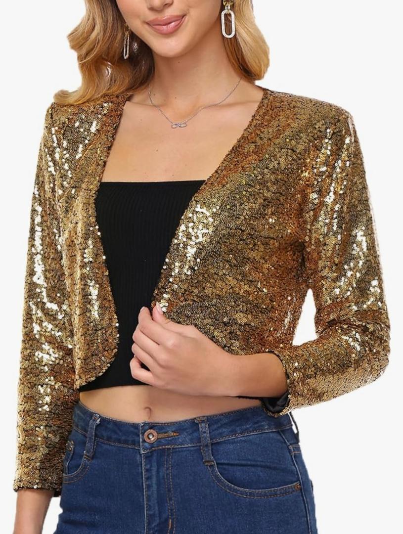 Women's Sequin Shrug Jacket Long Sleeve Open Front Glitter Blazer Bolero Wedding Party Sparkly Cropped Cardigan. L