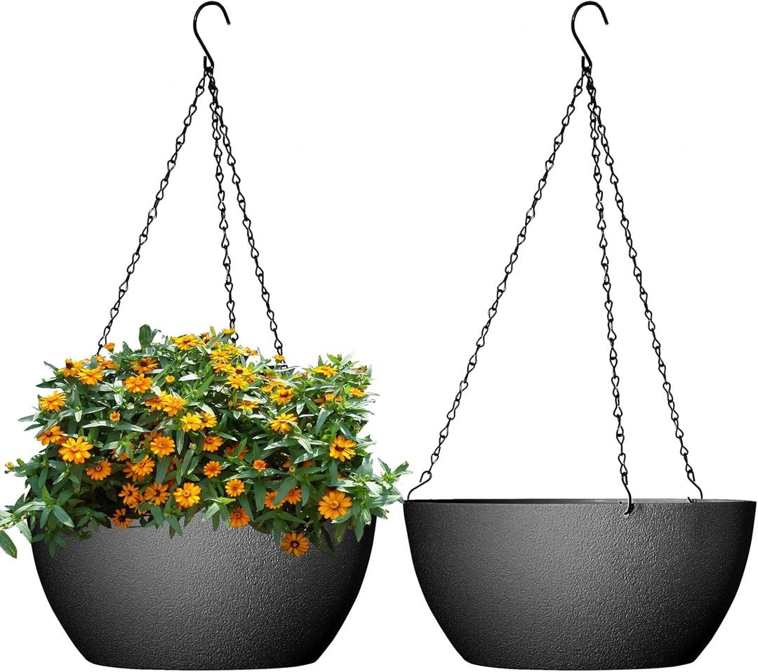 WSMKSZ 10 inch Hanging Planters for Outdoor Indoor Plants with Drainage Holes and Chain, 2 Pack Round Hanging Flower Pots for Garden Home Porch Decor, Black