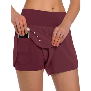 Ksmien Women's 2 in 1 Running Shorts - Lightweight Athletic Workout Gym Yoga Shorts Liner with Phone Pockets XL Burgundy