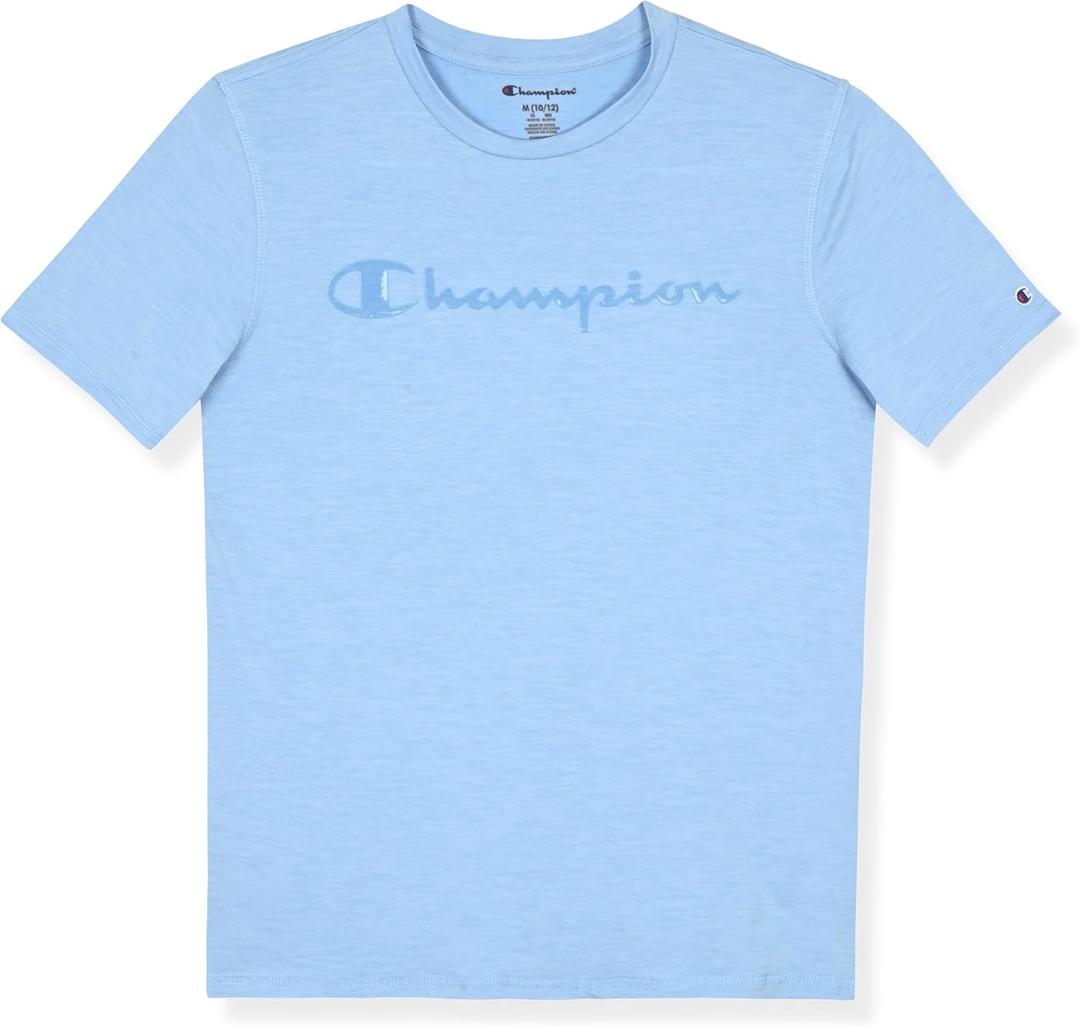 Champion Boys Active T-Shirts Short Sleeve Crew Neck Athletic Signature Logo Tee for Kids (Blue, XL)