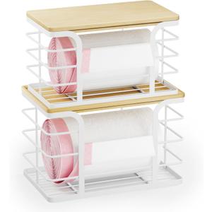 2 Pack Stackable Storage Kitchen Laundry Pantry Organizers, Trash Bag Holder Wall Mount, Garbage Bag Dispenser with Bamboo Top, White Large and Small