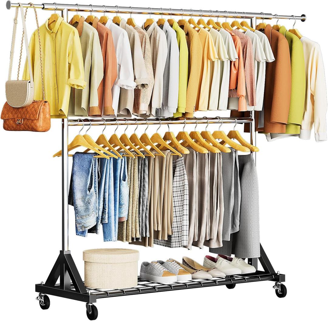 Luxspire Heavy Duty Clothes Rack Load 600 LBS, Double Rod Clothing Rack, Rolling Garment Racks with Lockable Wheels, Shelves, Adjustable Laundry Hanging Racks for Clothes (Black+Silver)