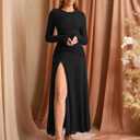 KUTUMAI Long Sleeve Slit Formal Dresses for Women 2025 Fall Wedding Guest Cocktail Party Modest Ruched Maxi Dress (Black, S)