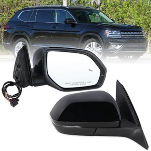 Right Passenger Side Door Mirror Compatible With 2018 2019 2020 2021 2022 2023 2024 2025 2026 VW Atlas With Manual Folding Heated Turn Signal Blind Spot Black Replace#3CN857508AG9B9-PFM(6+2Pins)