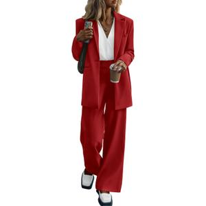 PRETTYGARDEN Women's Two Piece Outfits Dressy Blazer Jacket Wide Leg Pants 2025 Fall Business Casual Office Work Suit Sets (Large, Red)