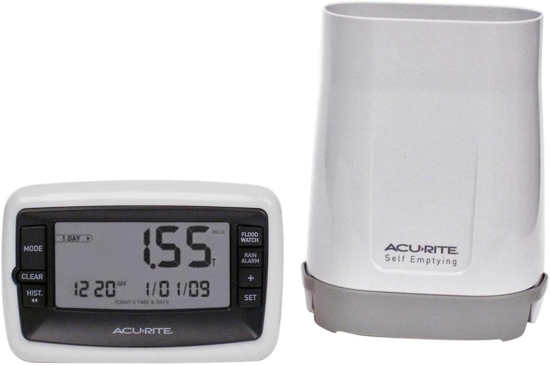 AcuRite Wireless Digital Rain Gauge with Self-Emptying Collector with Rainfall History, Alerts, and Current Date and Time (00899), Multicolor