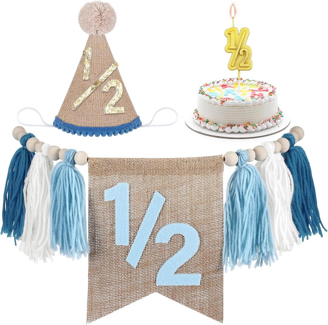 1/2 Birthday Supplies Includes Half Birthday High Chair Banner and Hat Gold Candle Cake Topper 6 Months Tassel Wood Bead Highchair Garland(Blue)