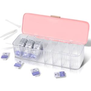 P-80 Daily Contact Lens Organizer with Remover & Tweezer, Disposable Lens Dispenser, Clear Plastic Box for All Brands (Pink)