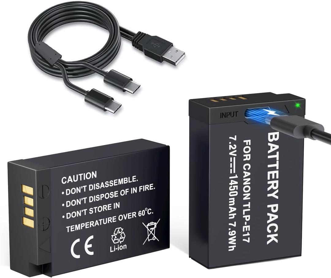 LP LP-E17 Battery 2-Pack 1450mah USB-C Charging Port Battery for Canon EOS R50 RP R10 R8, Rebel T8i, T7i, T6i, T6s, SL2, SL3, EOS M3, M5, M6, EOS 200D, 77D, 750D, 760D, 800D, 8000D Digital SLR Camera