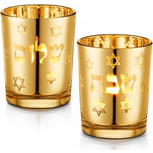 Honeydak Set of 2 Shabbat Candles Holders Gold Jewish Judaica Gift Set Electroplated Glass Modern Shabbat Candlestick Holders for Tea Lights Hanukkah Gifts