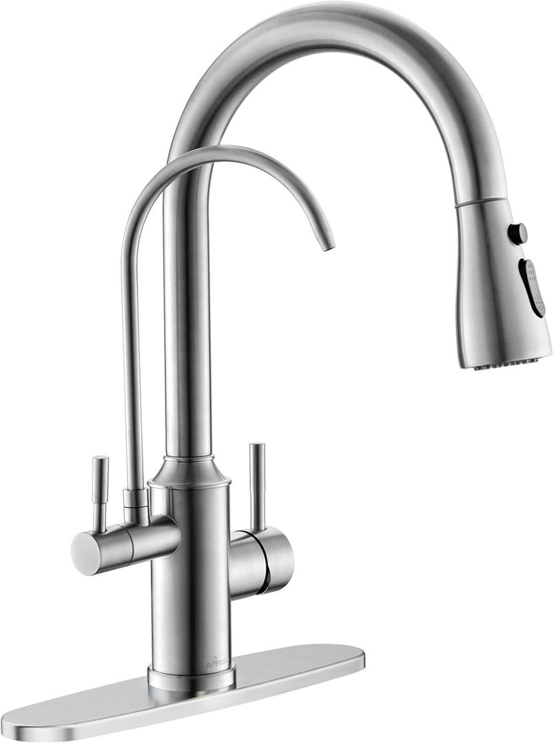APPASO Kitchen Faucet with Water Filter, Pull Out 3 Way Sink Faucets with Sprayer, High Arch 2 Handle Faucet - 2 in 1 Faucets Brushed Nickel, Without Water Filtration Device
