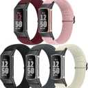 5 Pack Elastic Nylon Watch Bands Compatible for Fitbit Charge 6/Fitbit Charge 5, Adjustable Breathable Replacement Stretchy Nylon Loop Wristband Sport Strap for Women Men (Black+Grey+Wine Red+Pink Sand+Beige)
