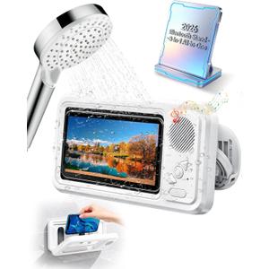 in Shower Phone Holder Waterproof Bathroom Phone Case for Shower Speaker Landline Vintage with Speakers Buddy Under Water Proof Play Soeaker Suction Cup Mount Wall with Lights Mobile Scroller