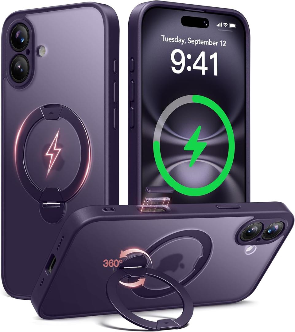 Upgraded Magnetic for iPhone 16 Case,[Unbreakable & Magnetic Stand] [Military-Grade Protection] [Phone Case Compatible with MagSafe] Slim Translucent Matte Shockproof Phone Cover,Deep Purple