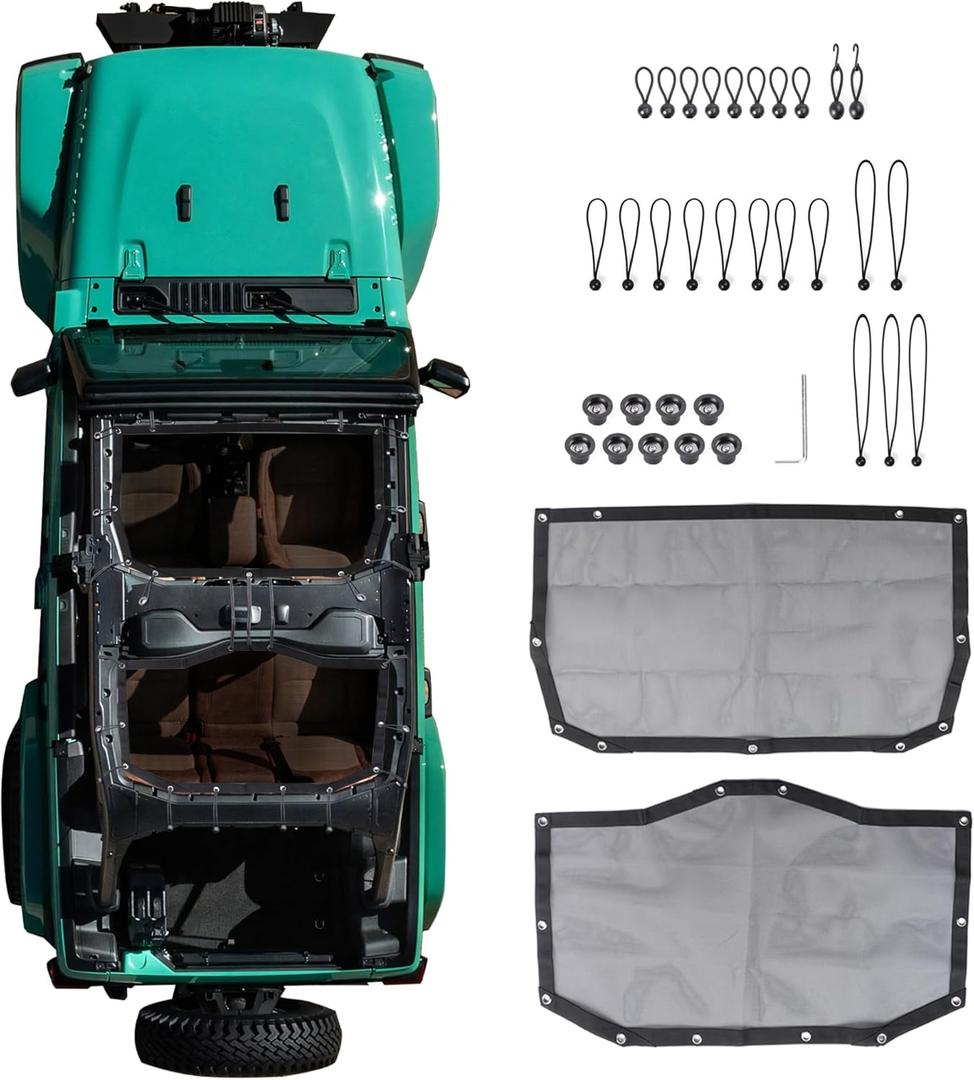 Sunshade Compatible with 2024 2025 2026 Jeep Wrangler JL 4 Door 4XE Hard Top Accessories Front Rear Sun Shade Soft Mesh Top Bimini Roof Bikini Cover, Keep Airbag Function, Front Rear Door Black