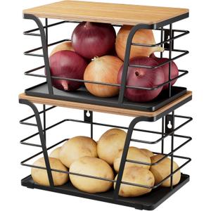 2 Pack Potato and Onion Storage Bins, Stackable Kitchen and Pantry Organizer with Bamboo Top & Lightweight PP Mat, for Vegetables, Fruit, Onion, Potato, Garlic - Pantry, Kitchen Storage Bins (Black)
