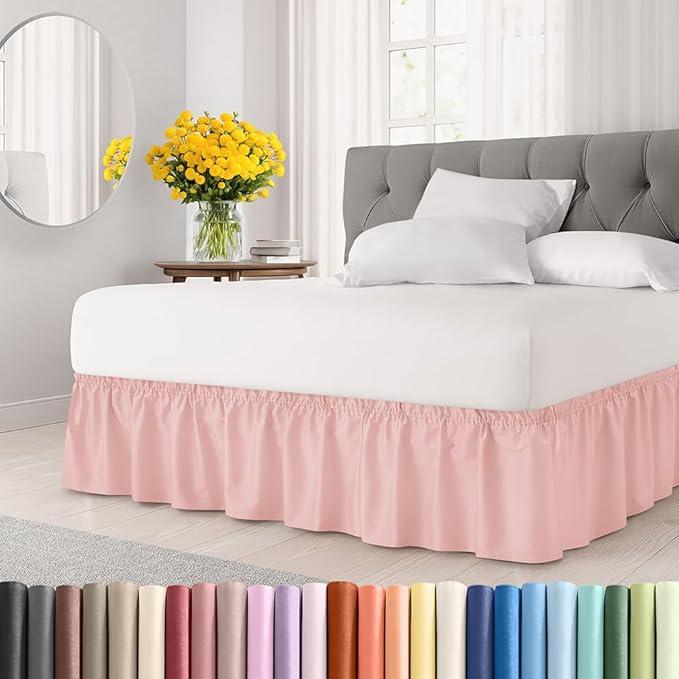 Wrap Around Dust Ruffle Bed Skirt - White - Twin/Twin XL Size Beds with 12 Inch Drop - Easy Fit Elastic Strap - Adjustable Pleated Bedskirt w/Brushed Fabric - Wrinkle Free - Women, Men, Kids & Teens (Baby Pink)