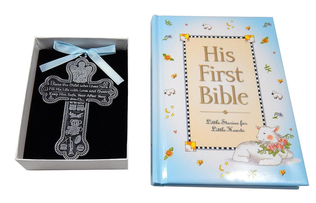 Baby Boy First Bible and 4" Pewter Baptism Guardian Angel Crib Cross (Original Version)-L8